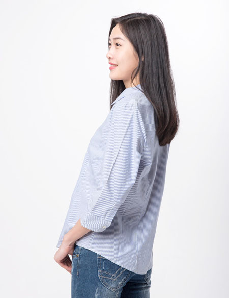 全棉條紋七分袖襯衫