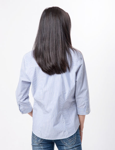 全棉條紋七分袖襯衫