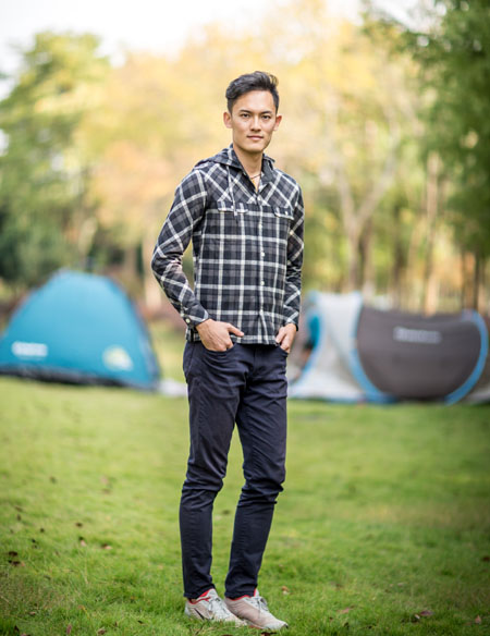 男士長袖帶帽格子襯衫