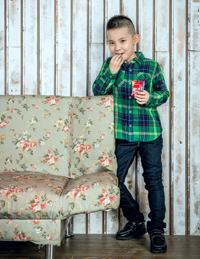 男童長袖撞色格子襯衫