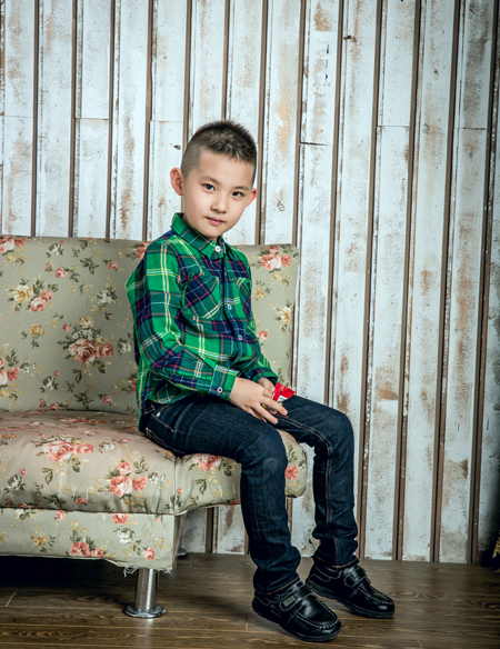男童長袖撞色格子襯衫