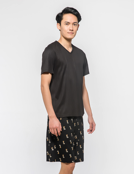 V領(lǐng)T恤印花短睡褲套裝